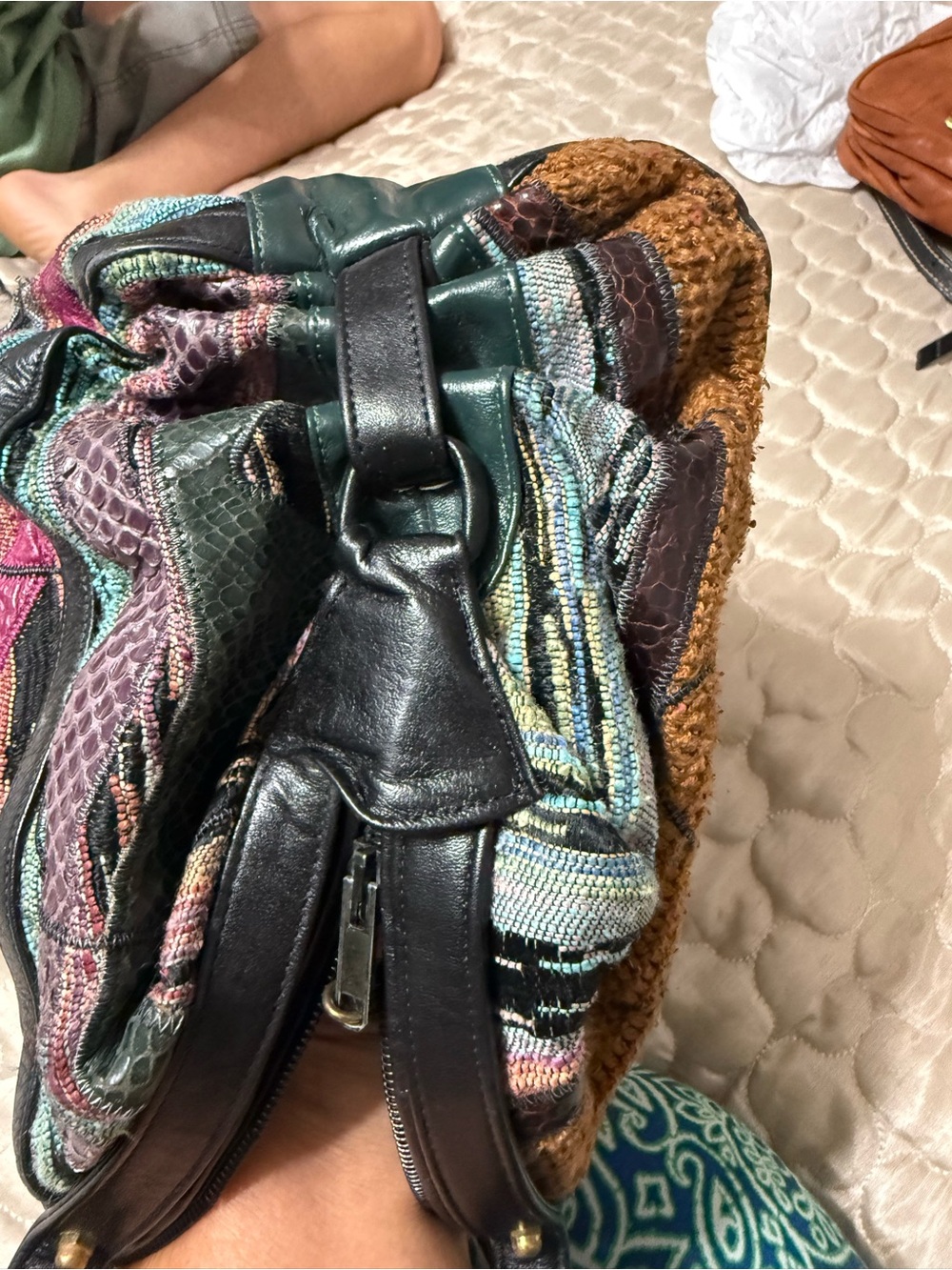 Sharif VTG 80s Multicolor Patchwork Shoulder Bag with Black/Green Trim - Picture 4 of 8